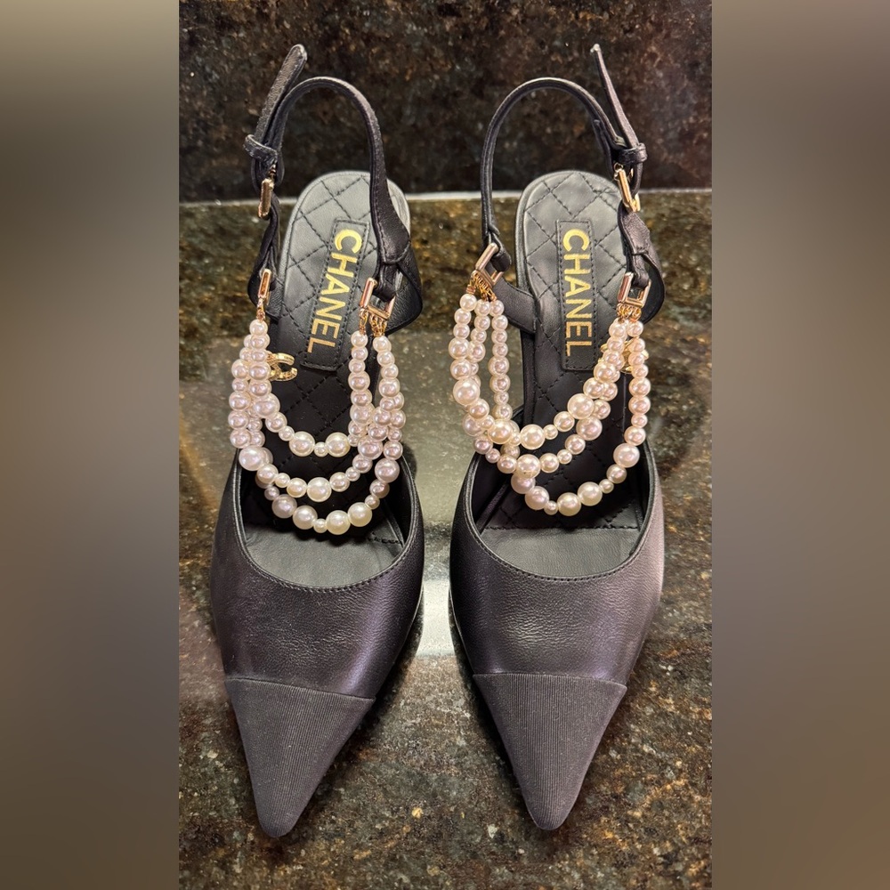 CHANEL Black Satin Heels with Pearl Accents